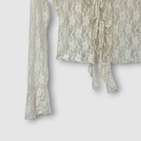 Good Luck Gem Ivory Lace Tie Front Long Sleeve Coquette Top Size Small - Picture 3 of 7